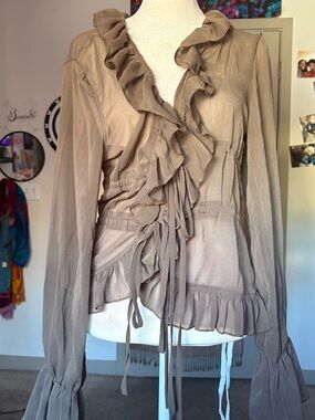 Ruffled Long Sleeve Tie-Front Blouse in Taupe